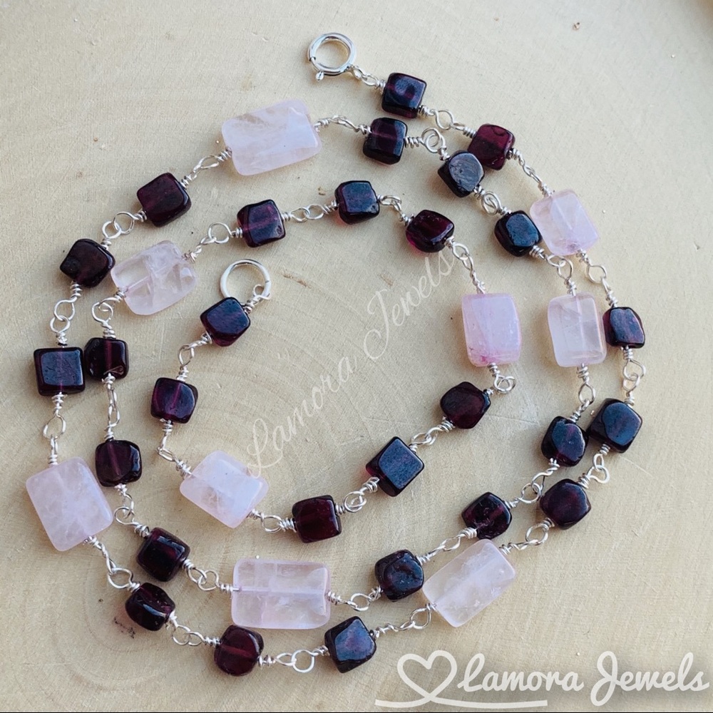 Garnet, Rose Quartz Sterling Silver Necklace